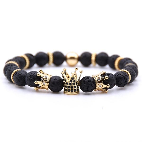 

cuff brand trendy natural beads strand bracelet micro pave cz crown charm bracelets black lava rock stone energy men jewelry gifts, White