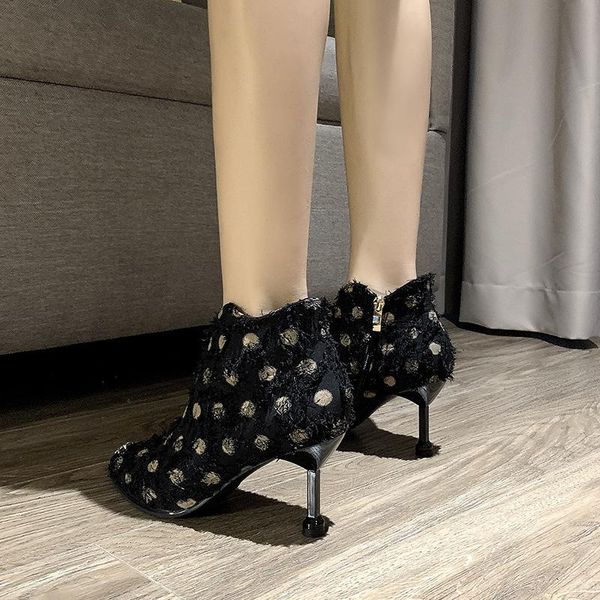 

boots wave high-heeled shoes short woman fine lady quality tassels 2021, Black