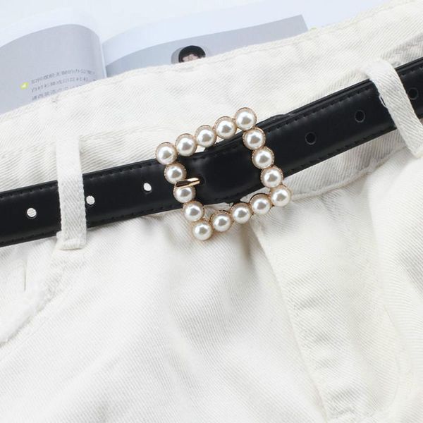 

belts leather belt women's fashion wild solid color alloy square buckle inlaid pearl decoration sweet style women, Black;brown