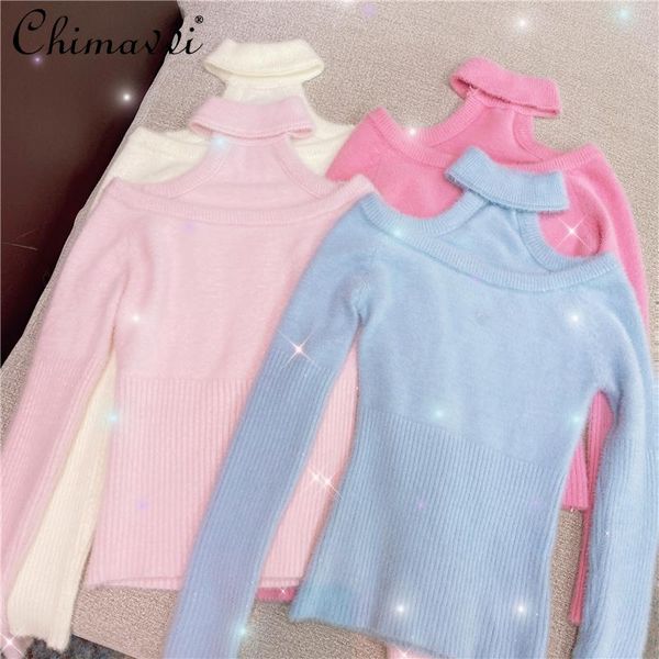 

women's sweaters chimavvi 2021 spring korean slim pullover halter long sleeve mohair knitted sweater off the shoulder for women, White;black