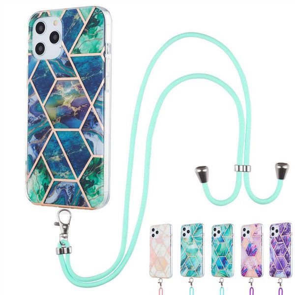 

cell phone pouches neck strap rope marble soft case for 11 12 pro max 11promax xr xs 8 7 plus se lanyard necklace cord back cover