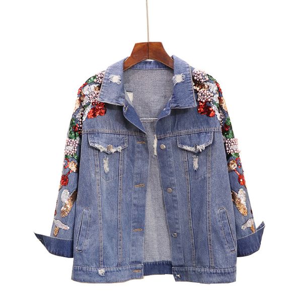 

jacket sherhure pearl beading cartoon embroidery ripped dnim jacket coat women, Black;brown