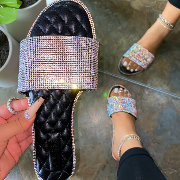 

2021 Summer New Fashion Sexy Roman Rhinestone Diamond Plaid Flat Outdoor Female Slippers Solid color plus size beach slippers, Rose red