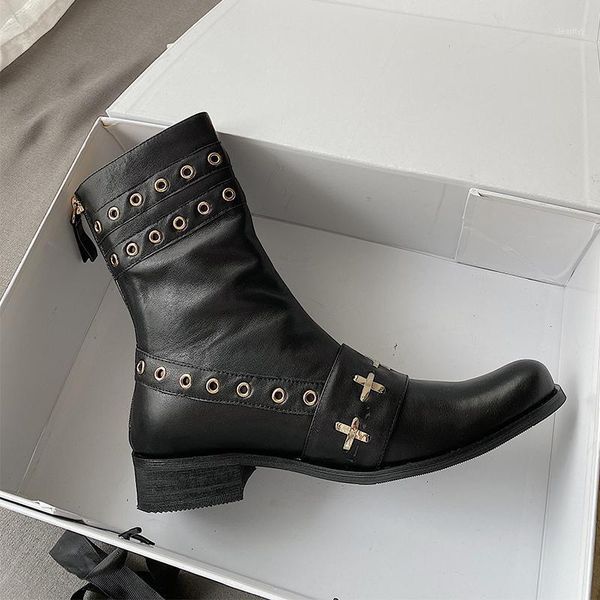 

boots sklfgxzy unique design genuine leather riding women motorcycle the rivet hole winter shoes1, Black