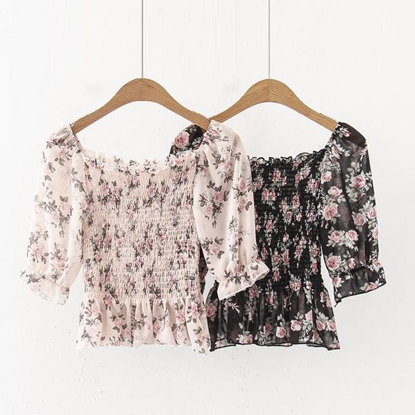 

women's blouses & shirts chiffon blouse summer flower one-word shoulder shirt bubble sleeve waist slim girl, White