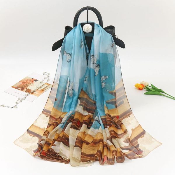 

scarves ladies ethnic style oil painting printing silk scarf shawl travel vacation beach sunshade wraps luxury designer hijab foulard, Blue;gray