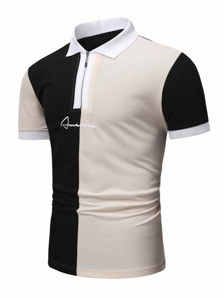 

men letter graphic colorblock quarter zip polo shirt l9i9#, White;black