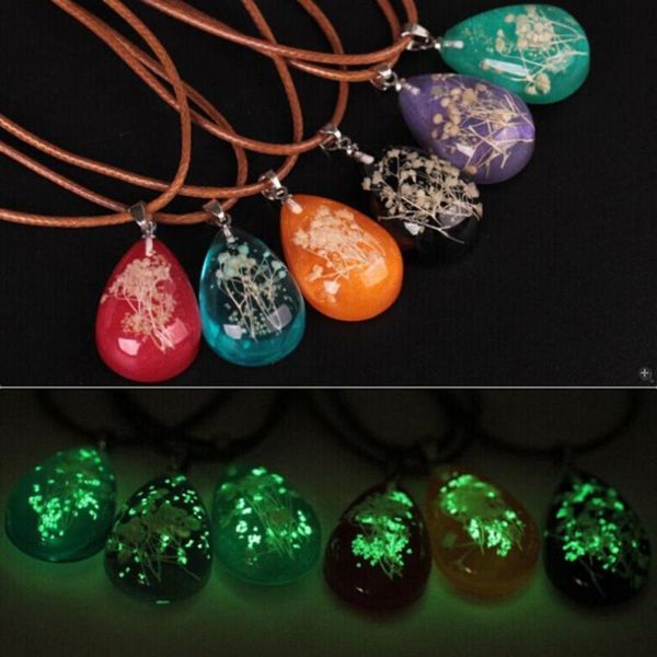

pendant necklaces glow in the dark dried flower teardrop necklace women xmas gift jewelry water drop, Silver