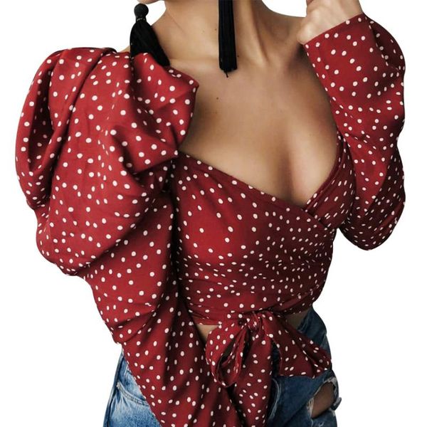 

women's blouses & shirts autumn women cross lace up v neck polka dot printing long sleeve shirt, White