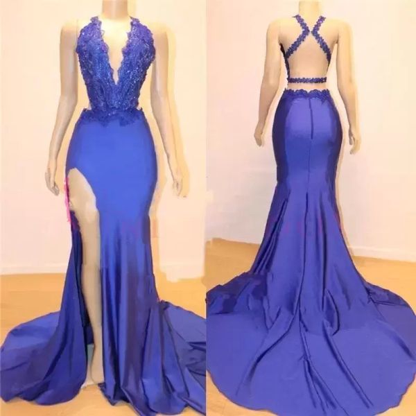 2022 Royal Blue Prom Vestidos Sexy Backless Side Slit Sereia Sem Mangas Deep V Neck Renda Applique Frisado Formal Ocasião Ocasião Vestido de Noite CG001