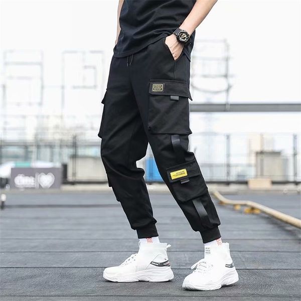 

men's pants ankle style pockets cargo harem ribbons black hip hop casual male joggers trousers fashion casual streetwear pants 211022