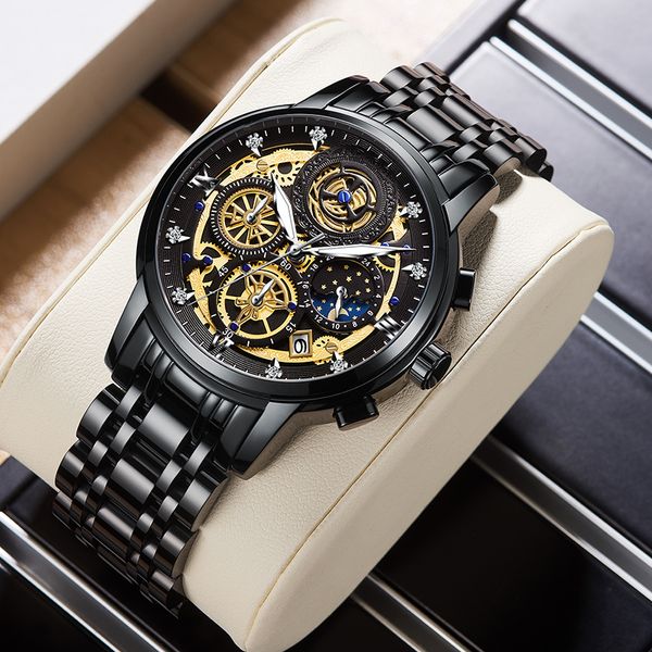 

wishdoit 2021 new casual mens watch luxury stainless steel waterproof luminous quartz watch mens brand chronographg, Slivery;brown