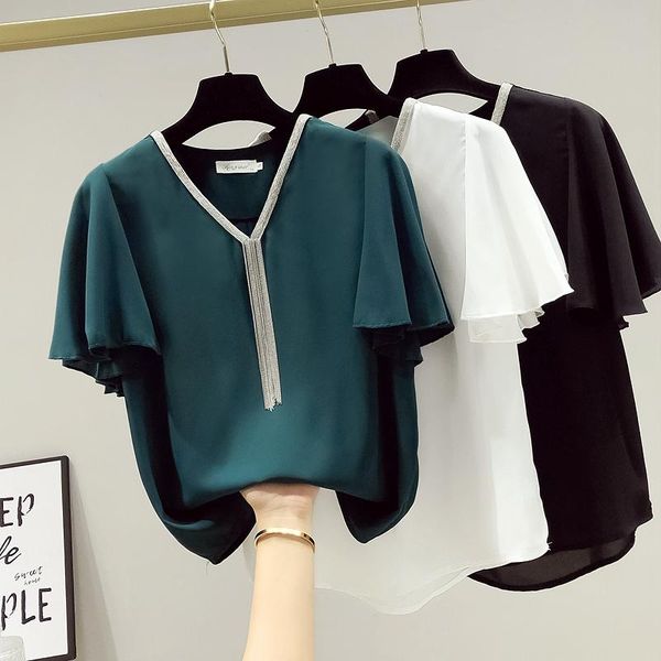 

women's blouses & shirts butterfly korean fashion 2021 white shirt tassel womens and chiffon women short sleeve v-neck clothing