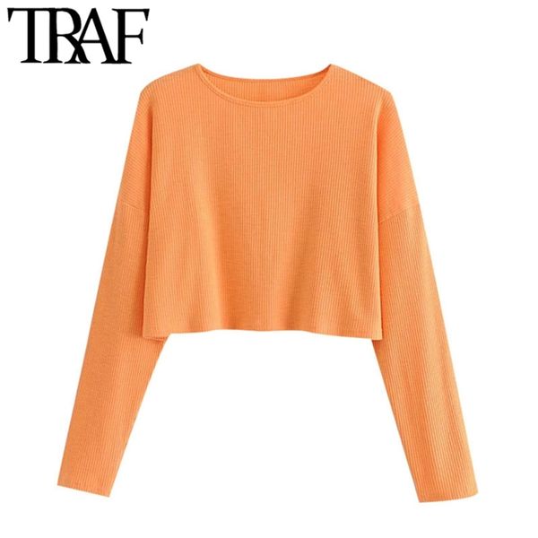 

women fashion loose cropped orange knitted sweater vintage o neck long sleeve female pullovers chic 210507, White;black
