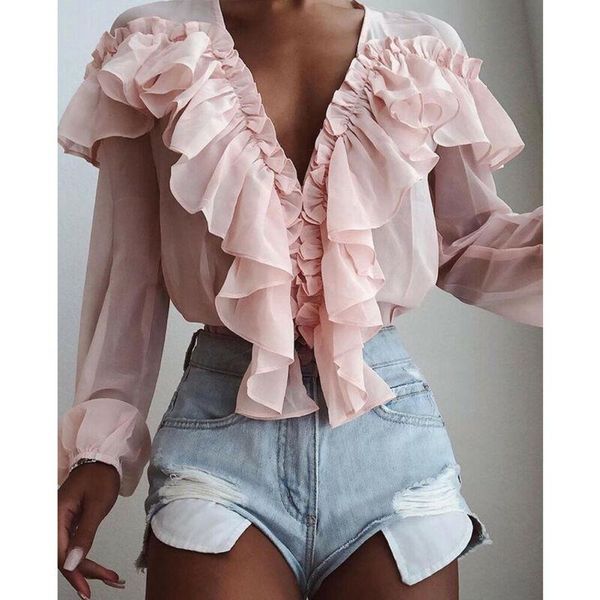 

brand women's blouses casual boho long sleeve chiffon baggy loose deep v neck solid ruffles autumn see through 2021 & shirts, White