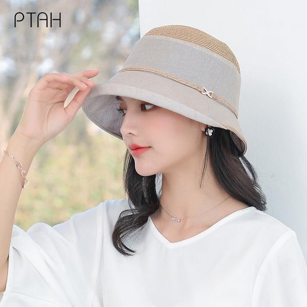 

wide brim hats [ptah] summer women's straw cloth breathable comfortable caps foldable roll-up beach hat sun protection anti-uv female, Blue;gray