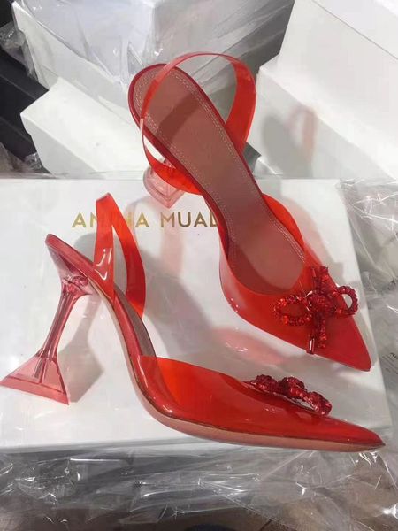 

brand new amina muaddi ladies wedding dress shoes high heels pointed toe pumps genuine leather sheepskin party bridal slingback size 35-42, Black