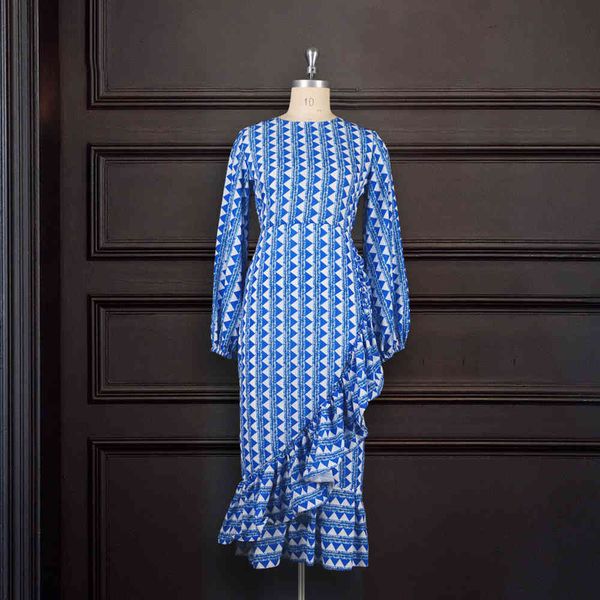

blue women printed dress frilly with waistband the long neck flashlight female autumn sleeves fashion robes 03x5, Black;gray