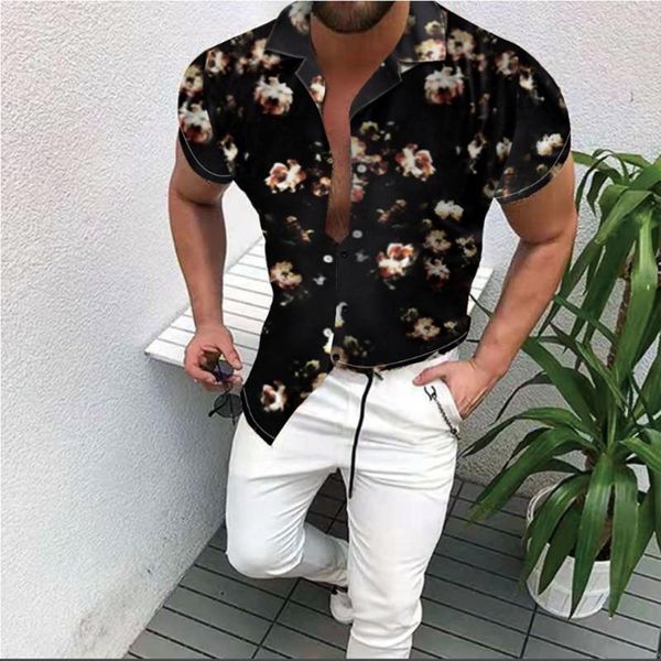 

men's casual shirts 2021 summer fashion floral print brand cardigan shirt lapel short slee short-sleeve clothing printe, White;black