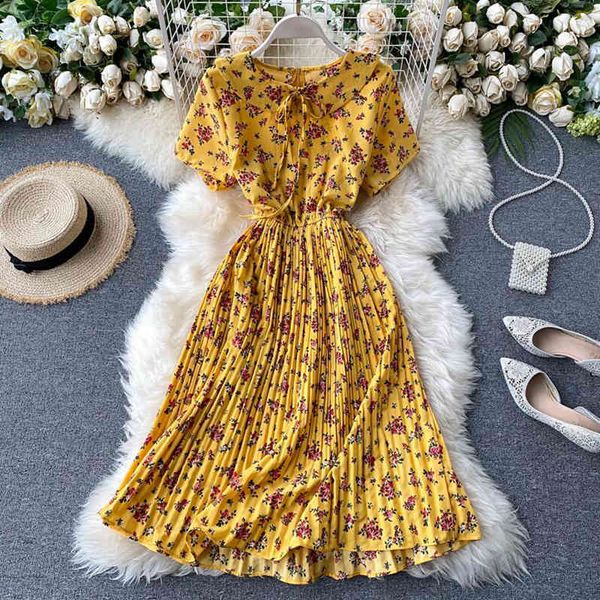 

summer women sweet pleated dress vintage elastic waist short sleeve floral print dress elegant doll collar midi dresses 210521, Black;gray