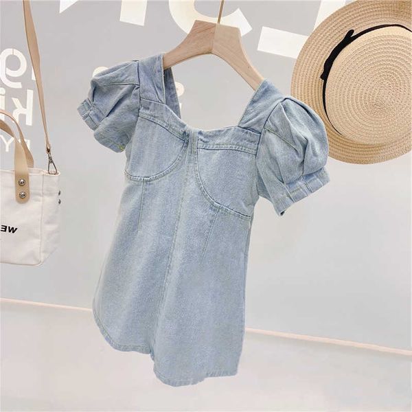 Mihkalev Bonito Meninas Vestidos Verão 2021 Crianças Denim Dress para Menina Ruff Sleeve Jeans Dress Children Party Dance Roupas Q0716