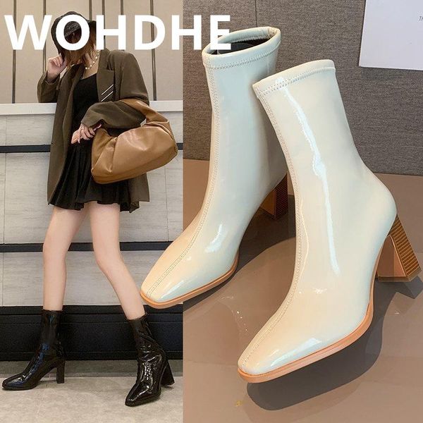 

boots wohdhe women's long 2021 slim heel high heeled bow pointed toe pu leather with square party ankles, Black