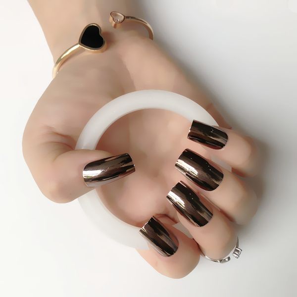 

24pcs/kit black gold false nails mirror glossy metal super long nail solid nail sticker art s26-11, Red;gold