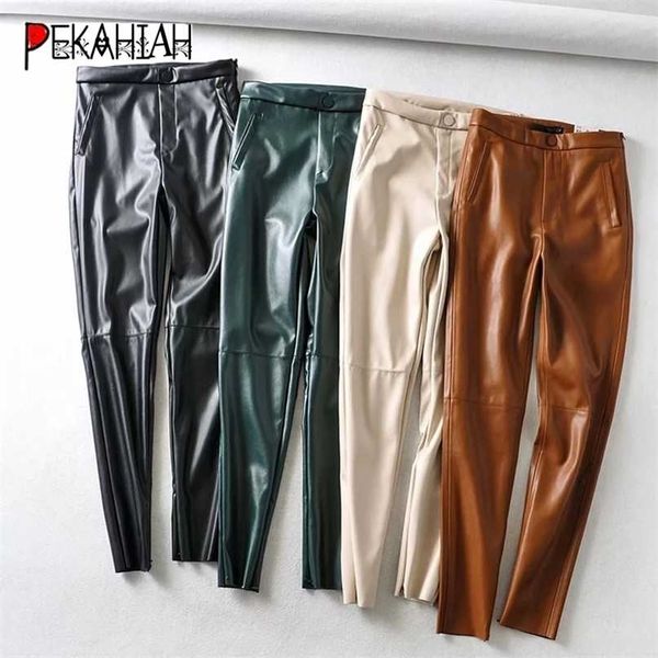 

za pu leather womens pants trousers elastic waist skinny female casual office lady slim sweatpants 211115, Black;white