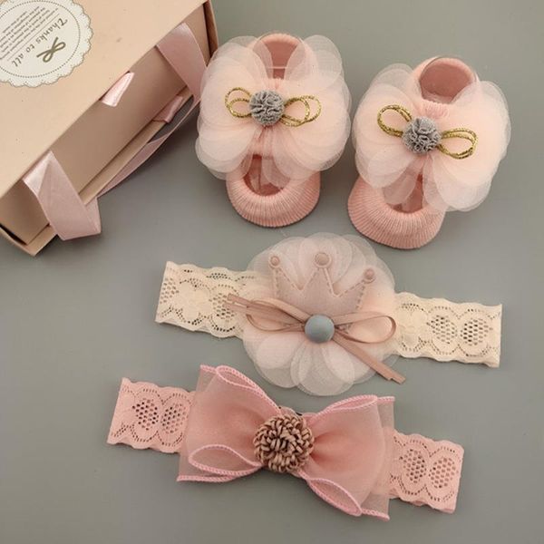 

3pcs set lace flower baby girl headband socks crown bows newborn hairband headbands for girls turban hair accessories, Slivery;white