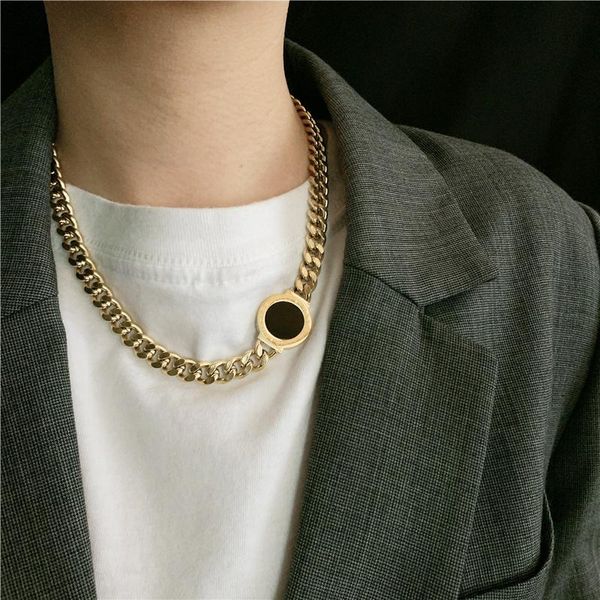 

trendy exaggerated black round medal geometric thick link chain collar clavicle punk sweater women party jewelry pendant necklaces, Silver