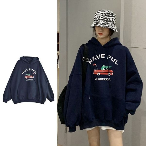 

oversize large plush thickened print korean loose campus style autumn and winter hooded long sleeve sweater female student, Black