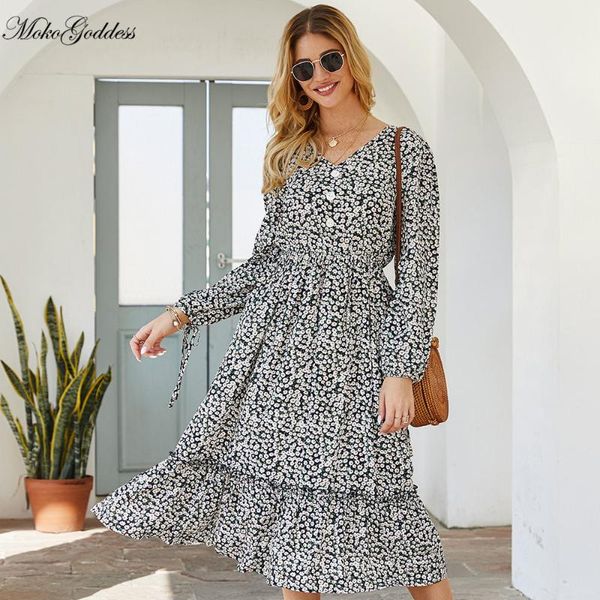 

casual dresses moko fashion medium long floral dress women v neck single breasted full length slim sweet spring summer office lady, Black;gray