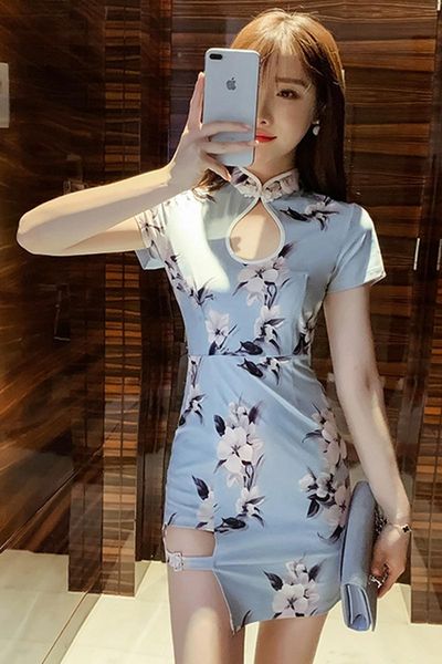 

chinese style qipao dress women oriental cheongsam retro floral print elegant vestidos female slim nightclub party dresses, Red
