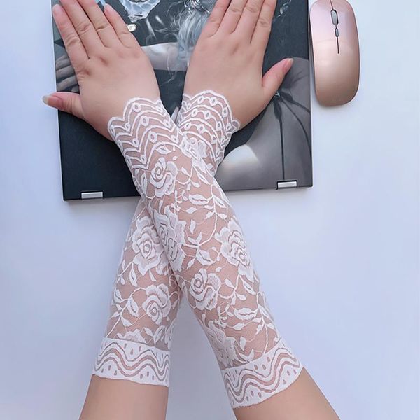 

five fingers gloves womens black horn fake cuffs lace hollow out embroidery floral sleeves female sweater clothing accesssoriesj, Blue;gray