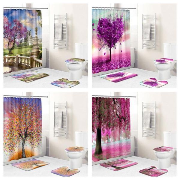

spring and summer flower tree waterproof fabric bathroom curtain shower cover non slip carpet toilet bath mat accessory set