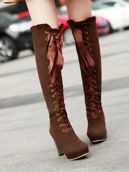 

boots women's high 2021 autumn winter lace up knee-high boot female shoes women heels woman, Black