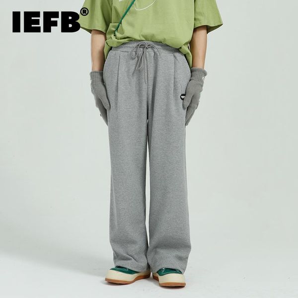 

men's pants iefb wear 2021 autumn korean streetwear slim wide leg loose straight pure color drawstring sports 9y6592, Black