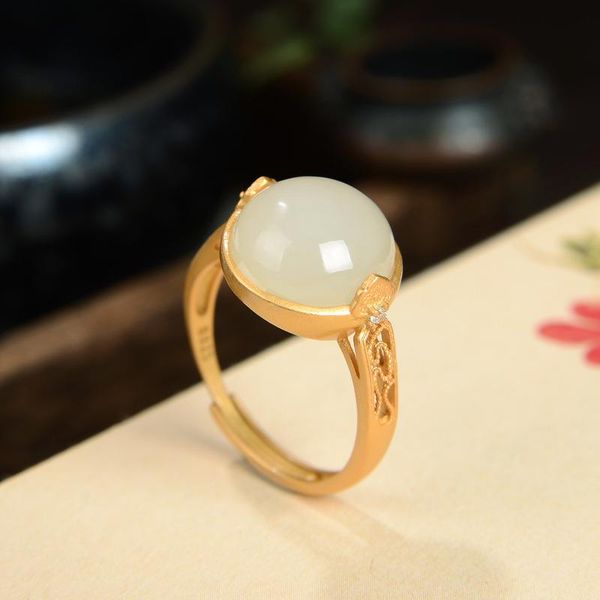

cluster rings s925 sterling silver gilded natural white jade retro simple elegant wishful women adjustable opening ring k0209, Golden;silver
