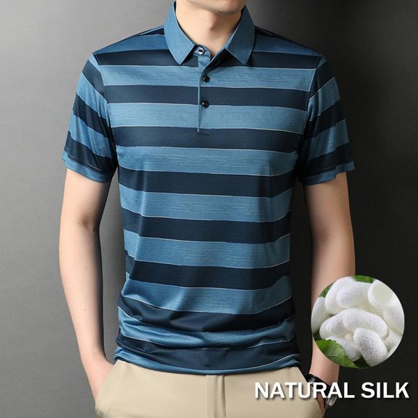 

men's polos cotton silk lyocell blend soft shirt men short sleeve breathable brand black and blue striped poloshirt, White;black