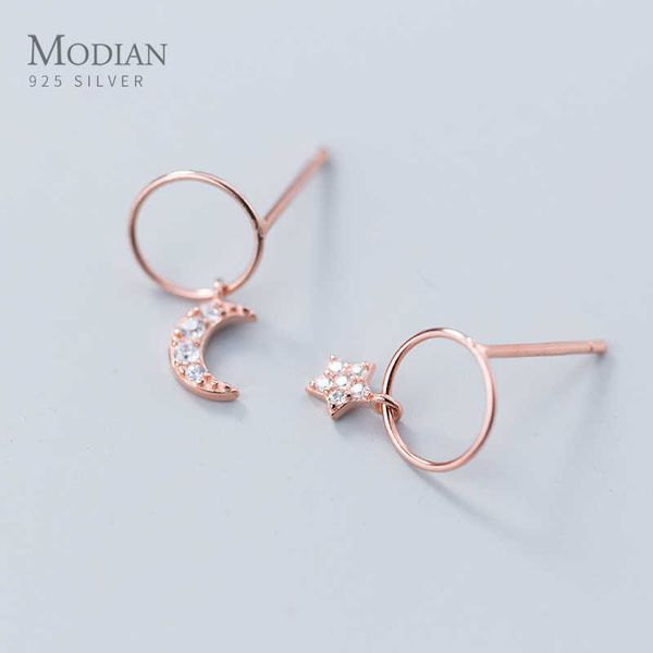 

925 sterling silver cute round swing star and moon fashion design stud earrings for women jewelry gift s925 210707, Golden;silver