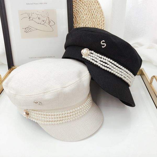 

jin-swhbias pearl lent herf eight-angle hat women casual vision cap katoon female marine hat dame baret cap plate captain cap, Blue;gray