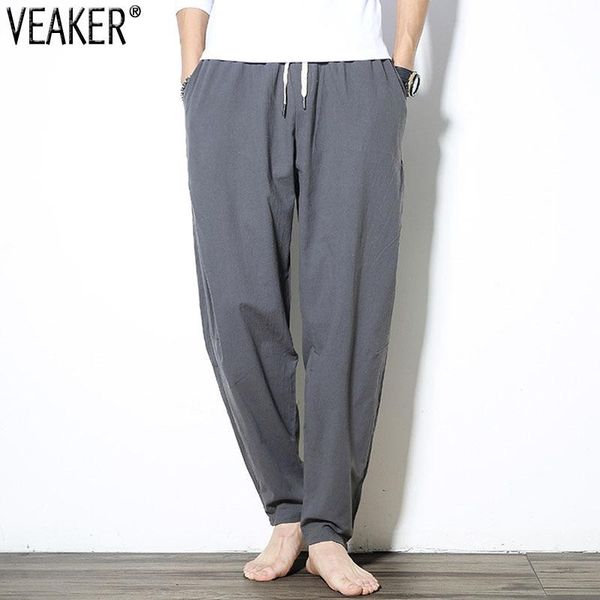 

men's pants 2021 autumn cotton linen male solid color black gray casual trousers m-5xl