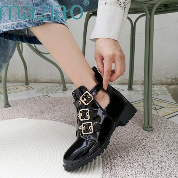 

boots round toe buckle ankle women fashion brand low heel shoes motorcycle spring autumn maziao, Black