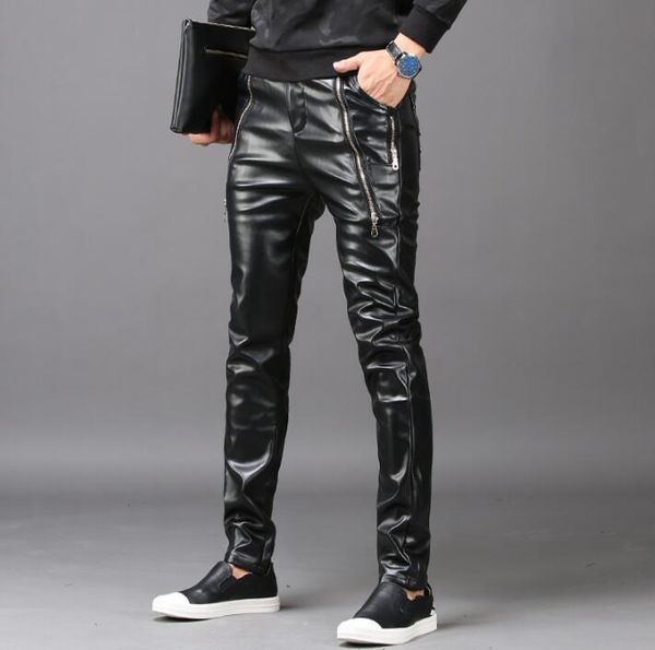 

autumn winter personality fashion motorcycle faux leather pants mens feet warm pu trousers for men pantalon homme men's, Black