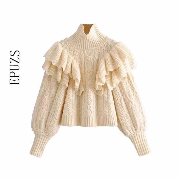 elegante maglione dolcevita con volant pullover da donna manica lunga lavorato a maglia casual pull femme abbigliamento invernale 210521