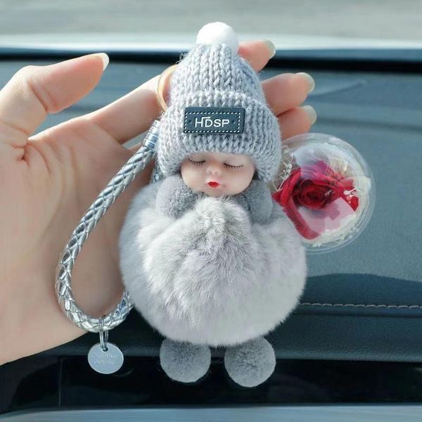 

keychains car keyring cute fluffy sleeping doll keychain pompom fur freserved rose flower ball key chain women bag charms pendant, Silver
