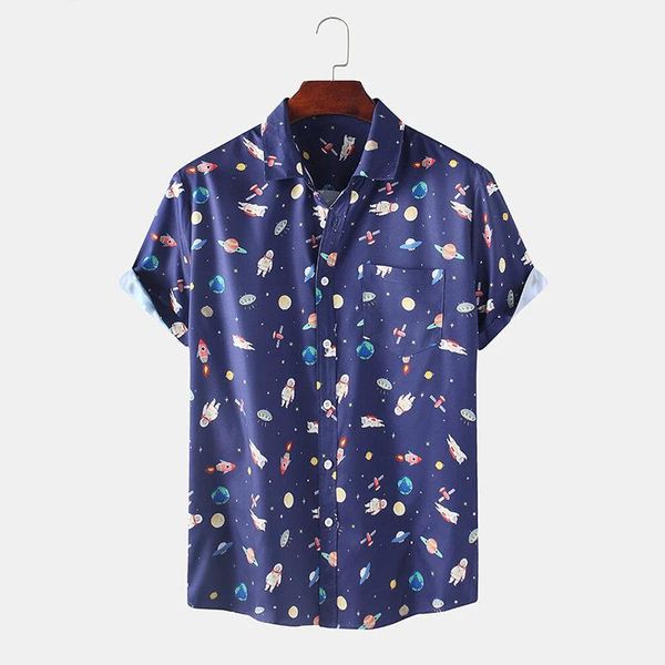 

men's casual shirts [customized] 2021 fashion hawaiian shirt mens korean beach starry astronaut cartoon anime printed short sleeve men, White;black