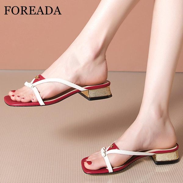 

slippers foreada woman med heels real leather flip flop slides square toe metal decoration block heel shoes bow lady sandals 40, Black