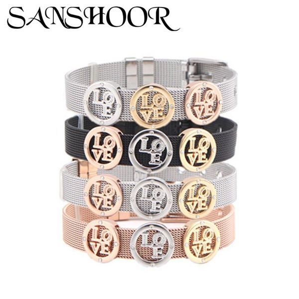 

charm bracelets drop sanshoor fashion stainless steel 10mm women mesh bracelet with shining love pattern charms for female bangle, Golden;silver