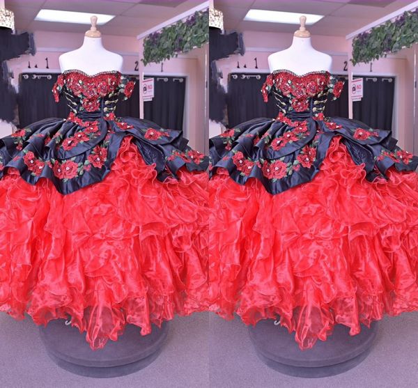 

2022 black red white pearls quinceanera dresses off the shoulder floral appliques organza ruffle sweet 16 dress ball gown prom, Blue;red